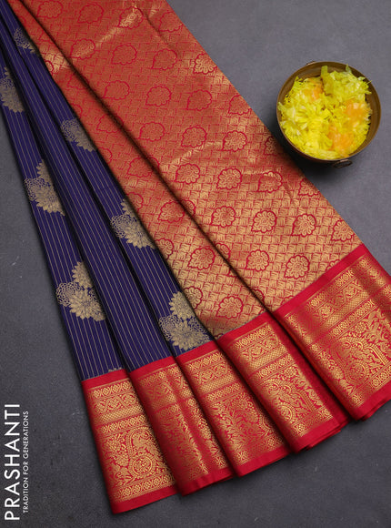 Semi kanchipuram silk saree navy blue and red with allover zari weaves & buttas and zari woven border