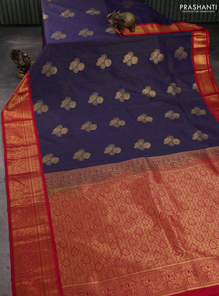 Semi kanchipuram silk saree navy blue and red with allover zari weaves & buttas and zari woven border