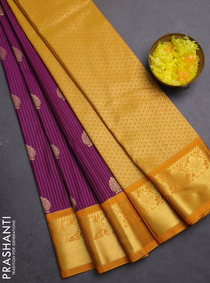 Semi kanchipuram silk saree purple and mustard yellow with allover zari weaves & buttas and zari woven border