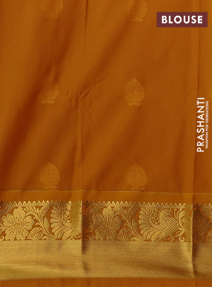 Semi kanchipuram silk saree purple and mustard yellow with allover zari weaves & buttas and zari woven border