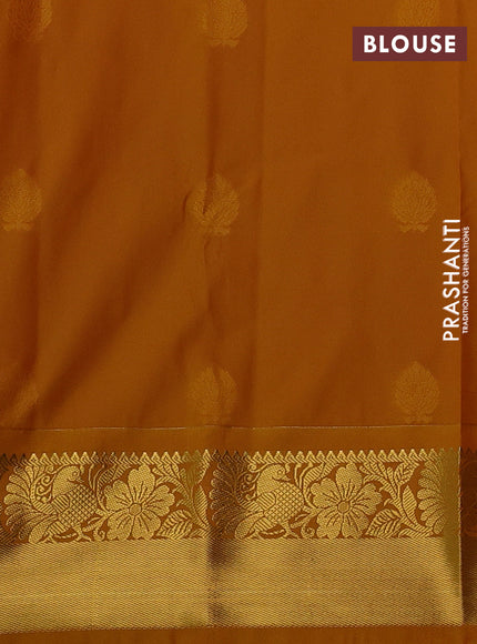Semi kanchipuram silk saree rust shade and mustard yellow with allover zari weaves & buttas and zari woven border