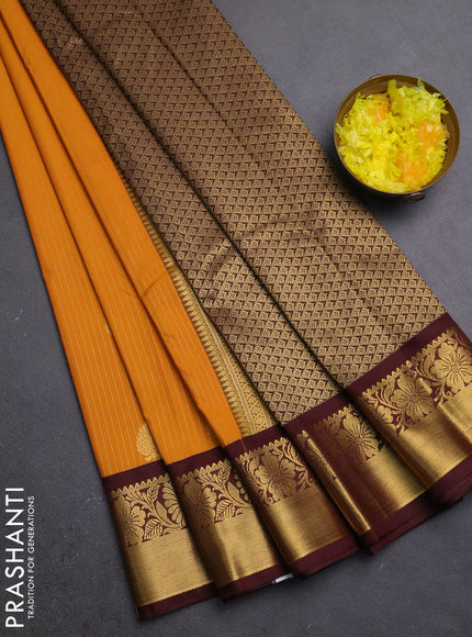 Semi kanchipuram silk saree mustard yellow and deep maroon with allover zari weaves & buttas and zari woven border