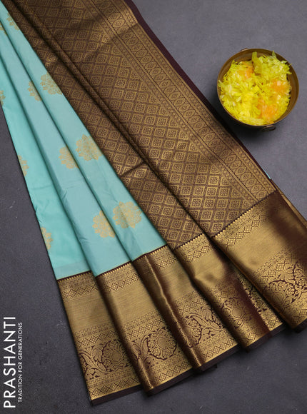 Semi kanchipuram silk saree teal blue and coffee brown with zari woven buttas and zari woven border