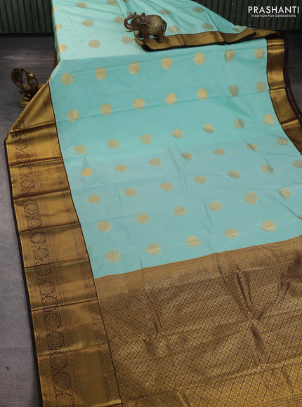 Semi kanchipuram silk saree teal blue and coffee brown with zari woven buttas and zari woven border