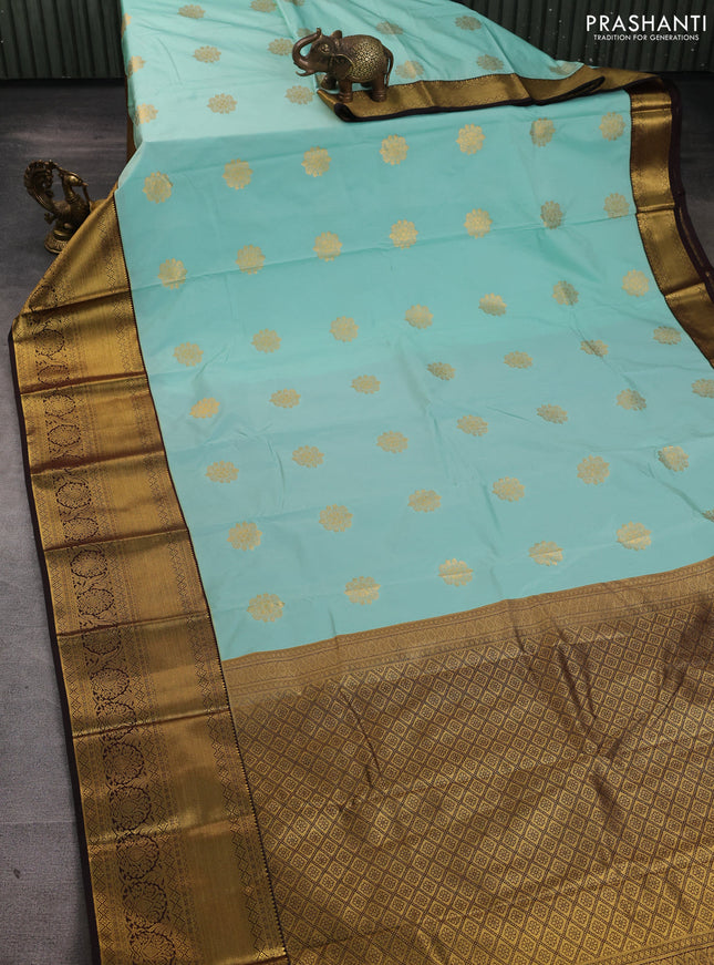 Semi kanchipuram silk saree teal blue and coffee brown with zari woven buttas and zari woven border
