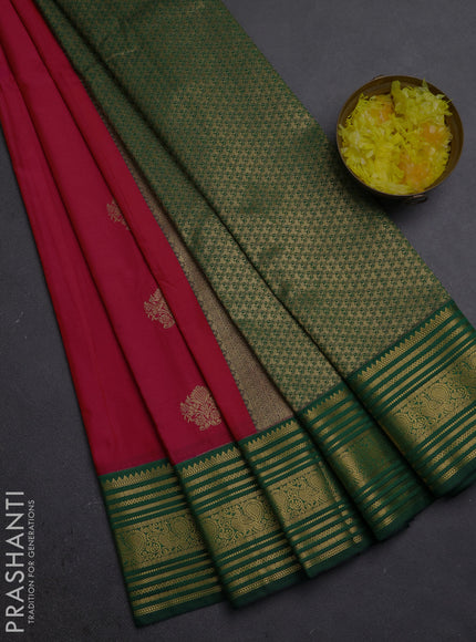 Semi kanchipuram silk saree tomato pink and bottle green with zari woven buttas and zari woven border