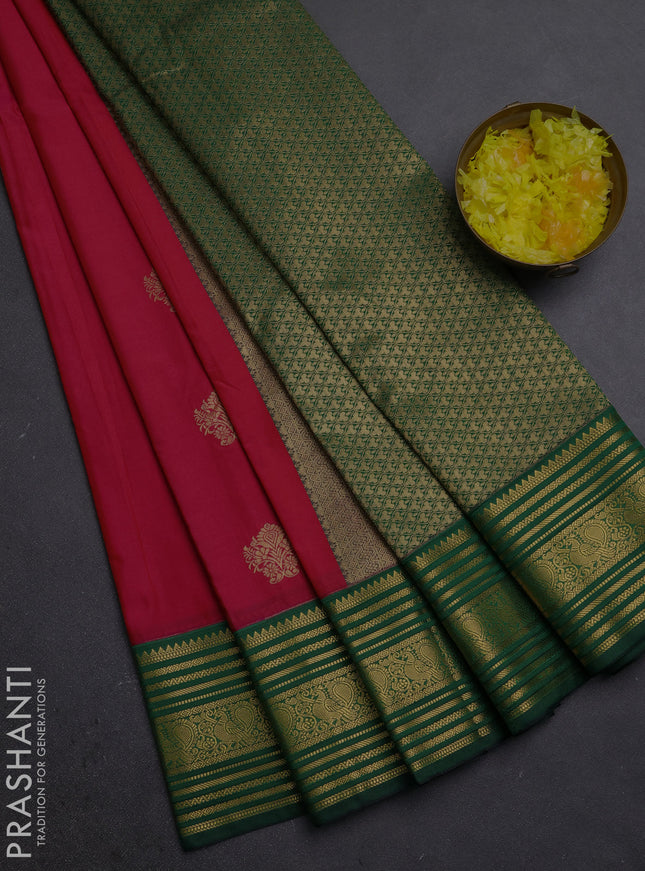 Semi kanchipuram silk saree tomato pink and bottle green with zari woven buttas and zari woven border