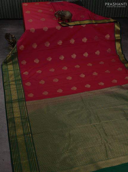 Semi kanchipuram silk saree tomato pink and bottle green with zari woven buttas and zari woven border