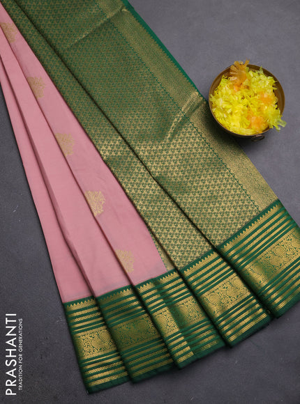 Semi kanchipuram silk saree pastel pink and bottle green with zari woven buttas and zari woven border