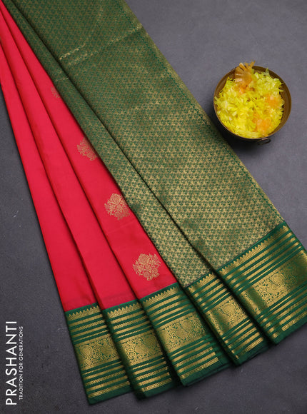 Semi kanchipuram silk saree tomato pink and bottle green with zari woven buttas and zari woven border