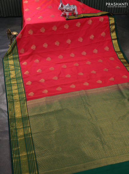 Semi kanchipuram silk saree tomato pink and bottle green with zari woven buttas and zari woven border