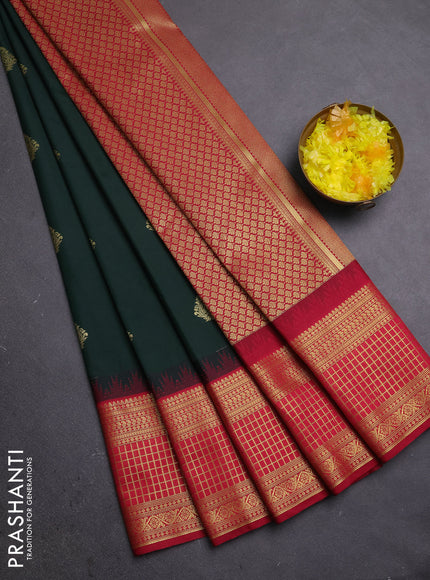 Semi kanchipuram silk saree bottle green and maroon with zari woven buttas and temple design zari woven border