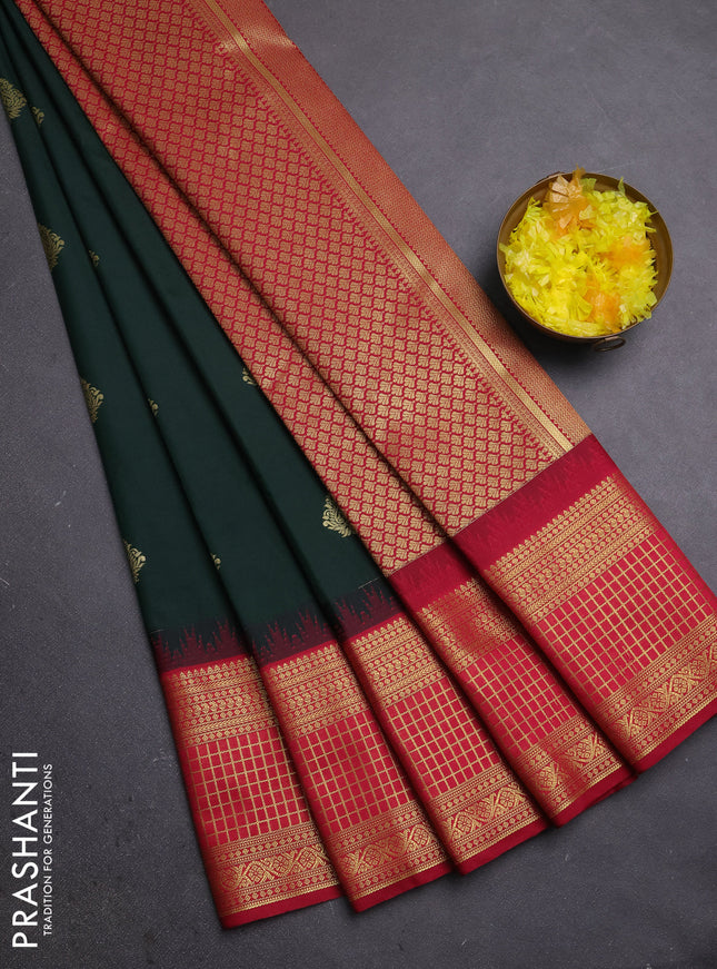 Semi kanchipuram silk saree bottle green and maroon with zari woven buttas and temple design zari woven border