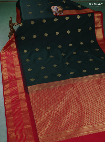 Semi kanchipuram silk saree bottle green and maroon with zari woven buttas and temple design zari woven border