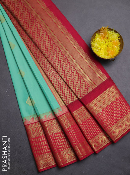 Semi kanchipuram silk saree teal green and maroon with zari woven buttas and temple design zari woven border
