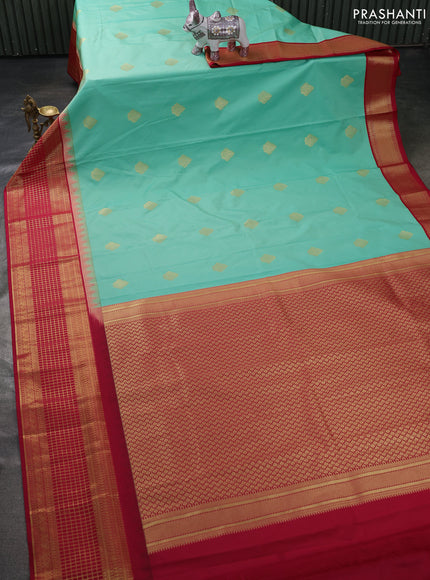 Semi kanchipuram silk saree teal green and maroon with zari woven buttas and temple design zari woven border