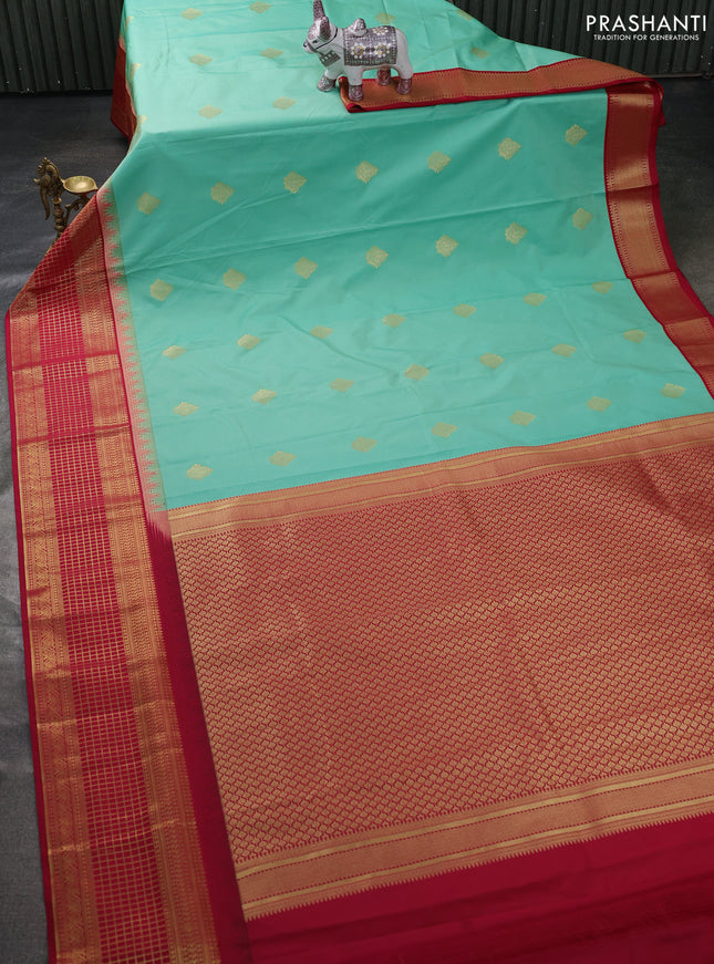 Semi kanchipuram silk saree teal green and maroon with zari woven buttas and temple design zari woven border