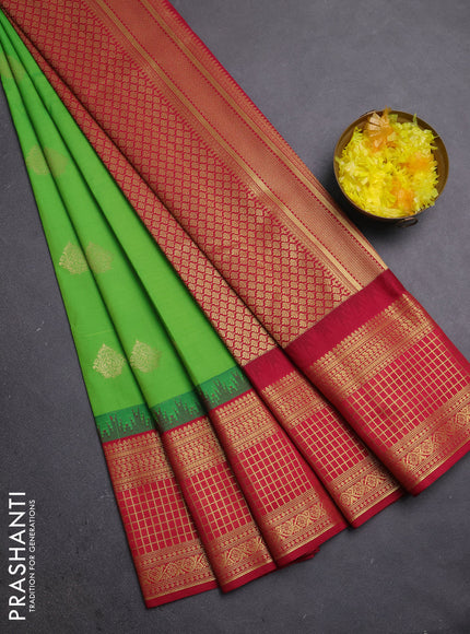 Semi kanchipuram silk saree light green and maroon with zari woven buttas and temple design zari woven border