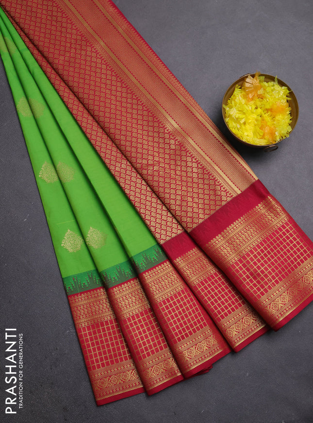 Semi kanchipuram silk saree light green and maroon with zari woven buttas and temple design zari woven border