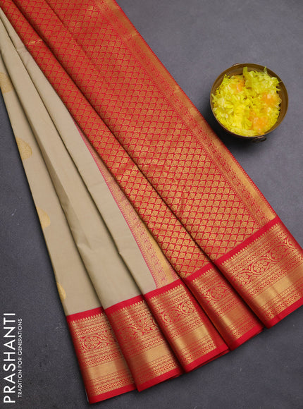 Semi kanchipuram silk saree beige and red with zari woven buttas and zari woven border