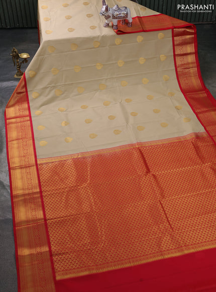 Semi kanchipuram silk saree beige and red with zari woven buttas and zari woven border