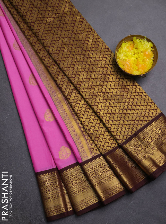 Semi kanchipuram silk saree pink and coffee brown with zari woven buttas and zari woven border