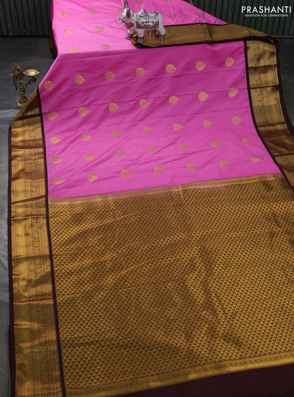 Semi kanchipuram silk saree pink and coffee brown with zari woven buttas and zari woven border