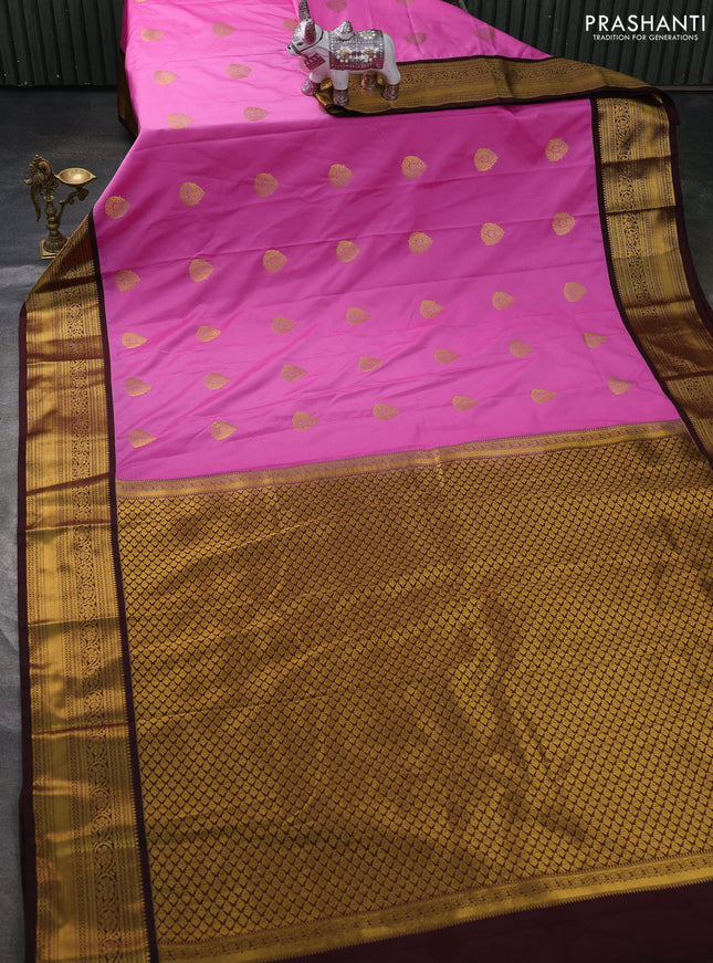 Semi kanchipuram silk saree pink and coffee brown with zari woven buttas and zari woven border