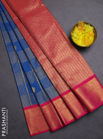 Semi kanchipuram silk saree peacock blue and pink with allover zari checks & buttas and zari woven korvai border
