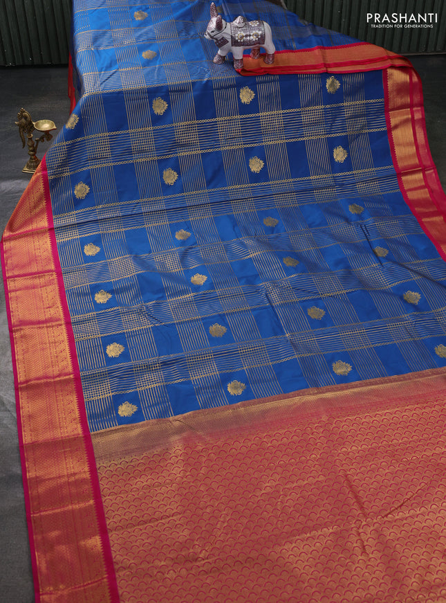 Semi kanchipuram silk saree peacock blue and pink with allover zari checks & buttas and zari woven korvai border