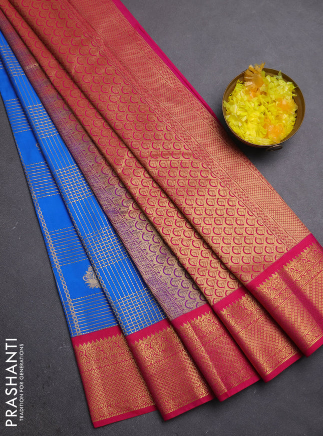Semi kanchipuram silk saree cs blue and pink with allover zari checks & buttas and zari woven korvai border