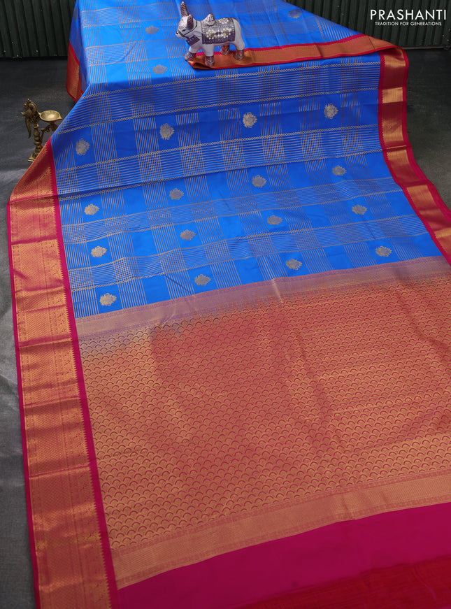 Semi kanchipuram silk saree cs blue and pink with allover zari checks & buttas and zari woven korvai border