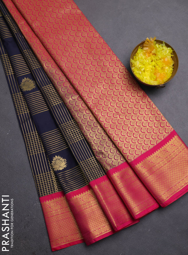 Semi kanchipuram silk saree navy blue and pink with allover zari checks & buttas and zari woven korvai border