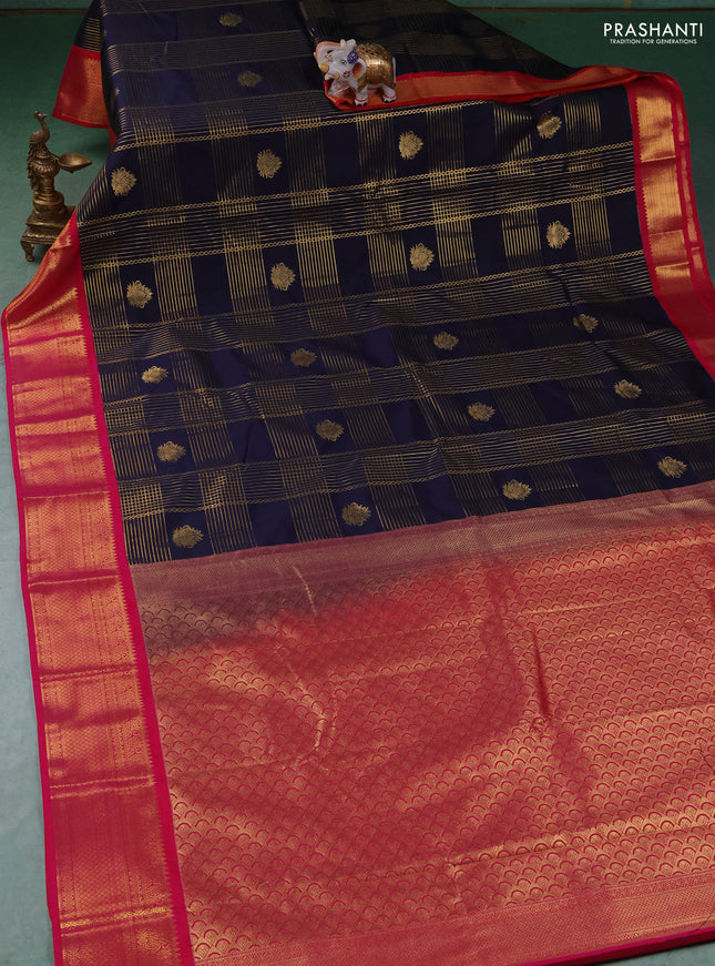 Semi kanchipuram silk saree navy blue and pink with allover zari checks & buttas and zari woven korvai border