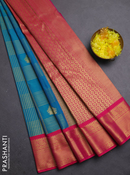 Semi kanchipuram silk saree teal blue and pink with allover zari checks & buttas and zari woven korvai border
