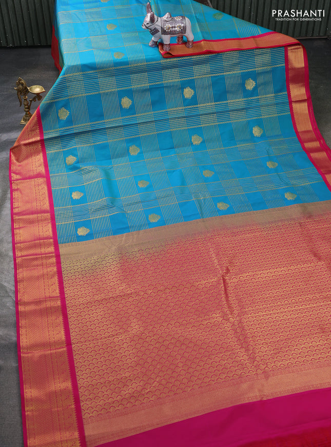 Semi kanchipuram silk saree teal blue and pink with allover zari checks & buttas and zari woven korvai border