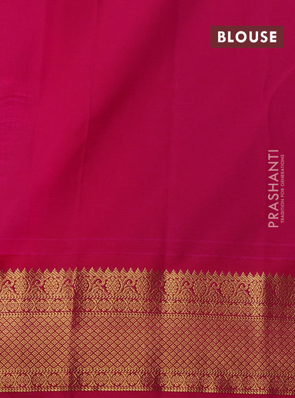 Semi kanchipuram silk saree teal blue and pink with allover zari checks & buttas and zari woven korvai border