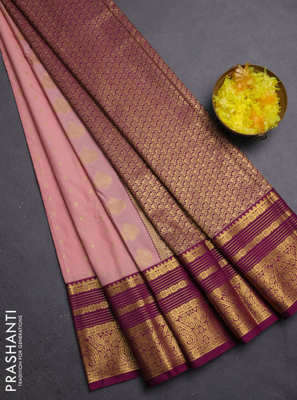 Semi kanchipuram silk saree pastel pink and magenta pink with allover zari woven buttas and long zari woven border