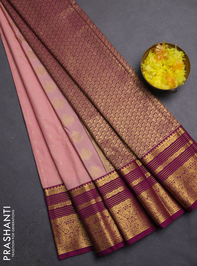 Semi kanchipuram silk saree pastel pink and magenta pink with allover zari woven buttas and long zari woven border