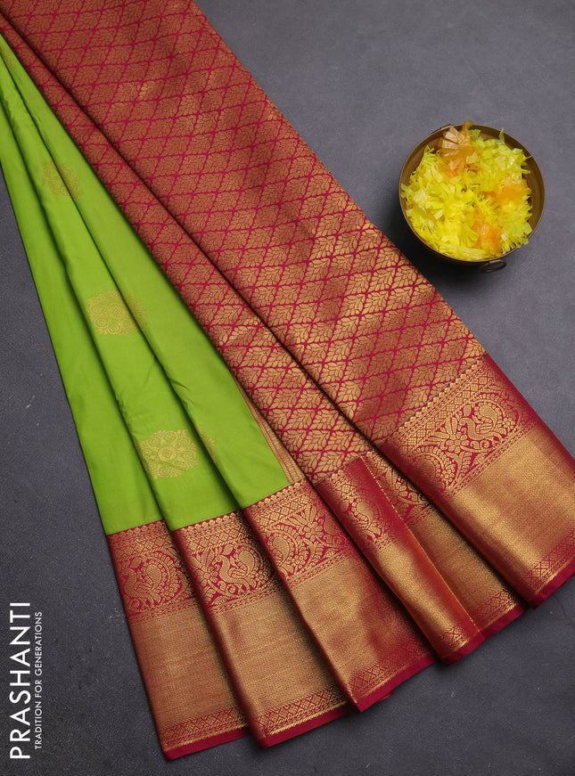 Semi kanchipuram silk saree light green and maroon with zari woven buttas and long zari woven border