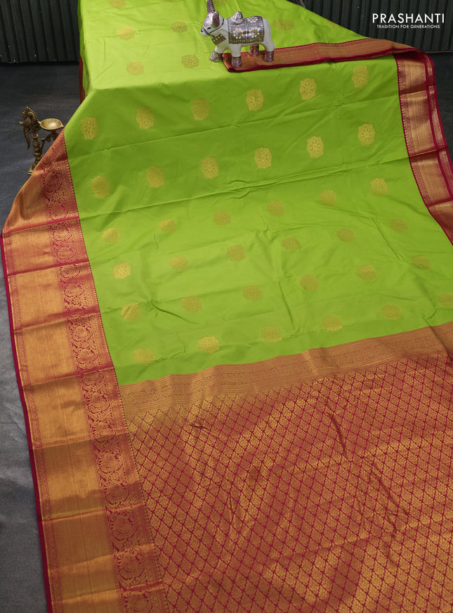 Semi kanchipuram silk saree light green and maroon with zari woven buttas and long zari woven border