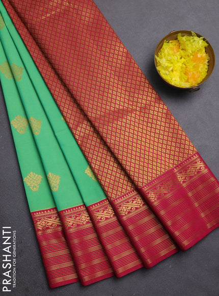 Semi kanchipuram silk saree teal green and magenta pink with zari woven buttas and zari woven border