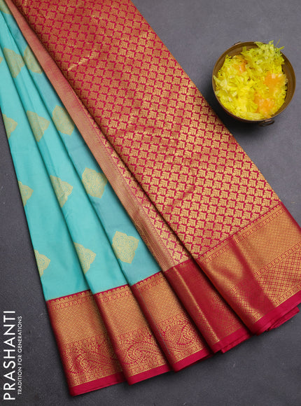 Semi kanchipuram silk saree teal green and pink with zari woven buttas and zari woven border