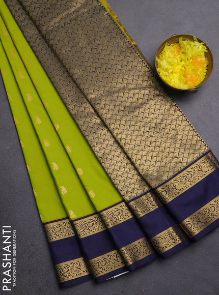 Semi kanchipuram silk saree lime green and navy blue with allover zari woven buttas and rettapet zari woven border
