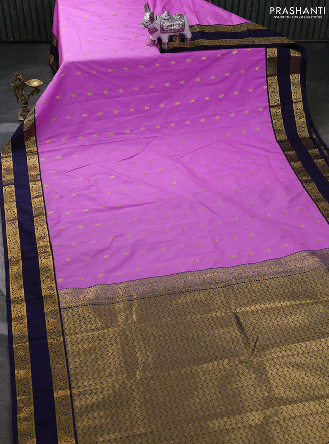 Semi kanchipuram silk saree lotus pink and navy blue with allover zari woven buttas and rettapet zari woven border