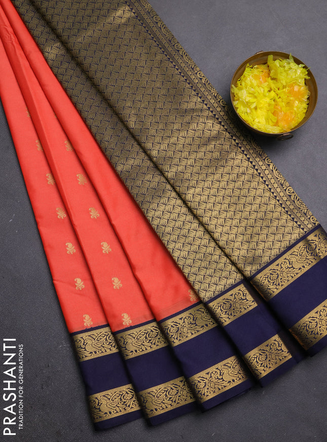 Semi kanchipuram silk saree orange and navy blue with allover zari woven buttas and rettapet zari woven border