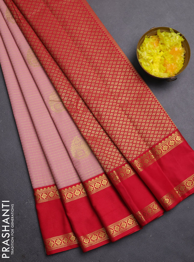 Semi kanchipuram silk saree peach shade and red with allover zari checks & buttas and rettapet zari woven border