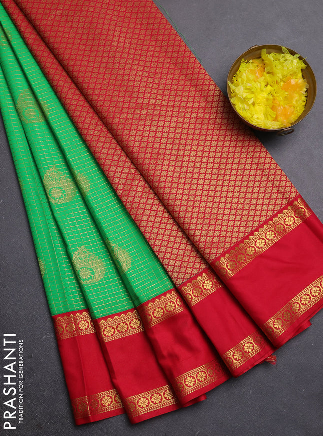 Semi kanchipuram silk saree light green and red with allover zari checks & buttas and rettapet zari woven border