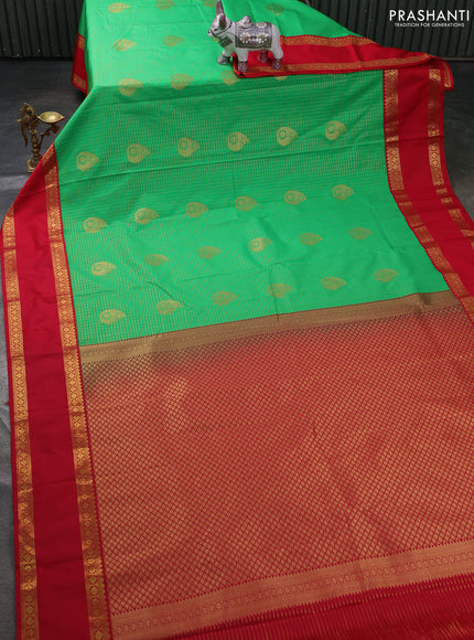 Semi kanchipuram silk saree light green and red with allover zari checks & buttas and rettapet zari woven border