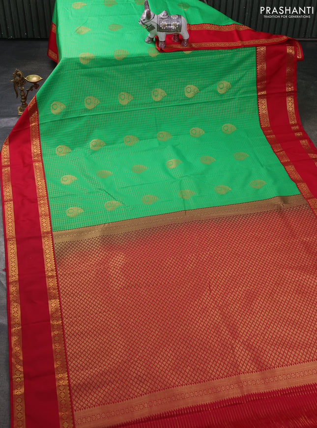 Semi kanchipuram silk saree light green and red with allover zari checks & buttas and rettapet zari woven border